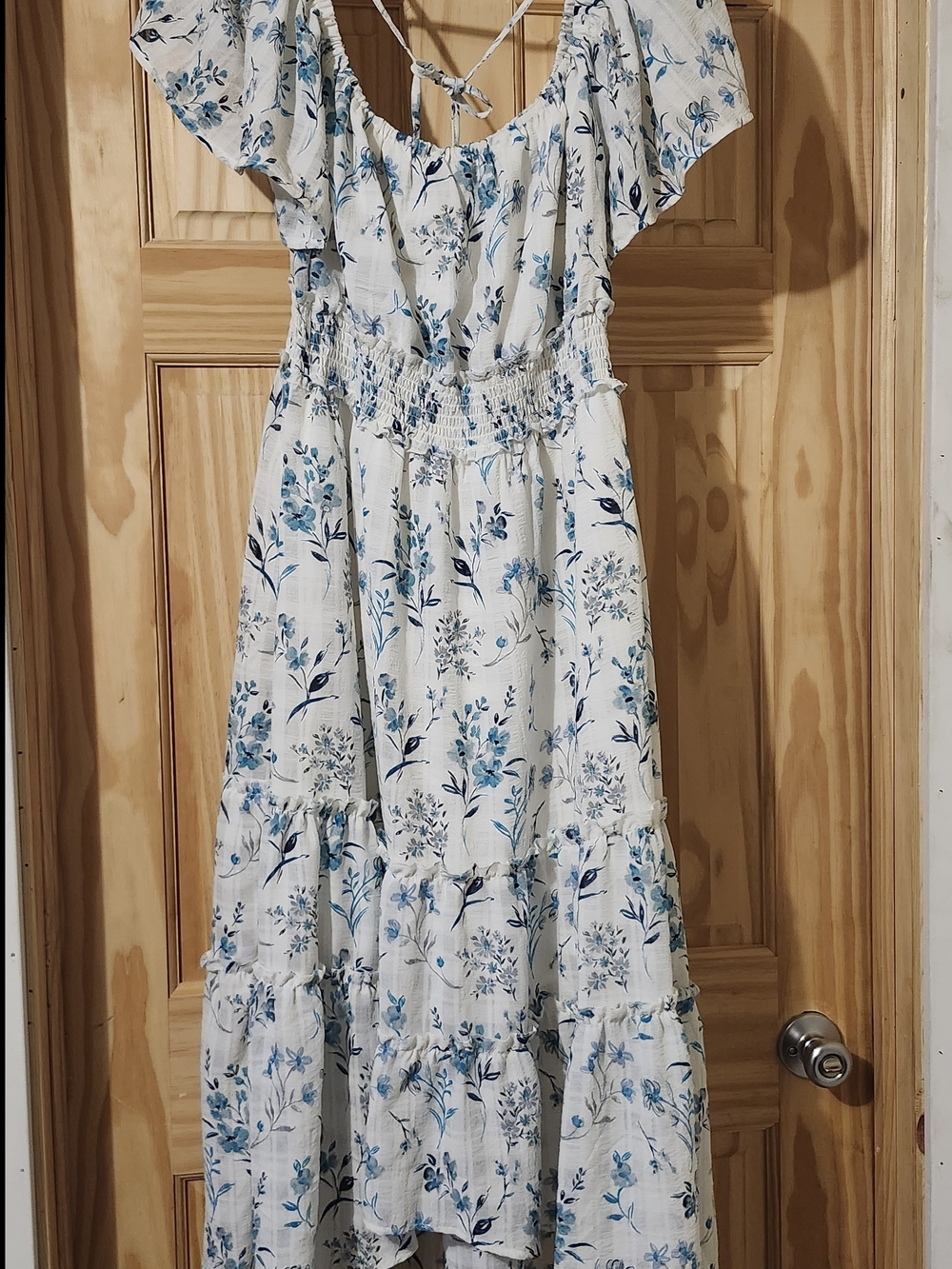 White Floral High-Low Maxi Dress with Blue Print